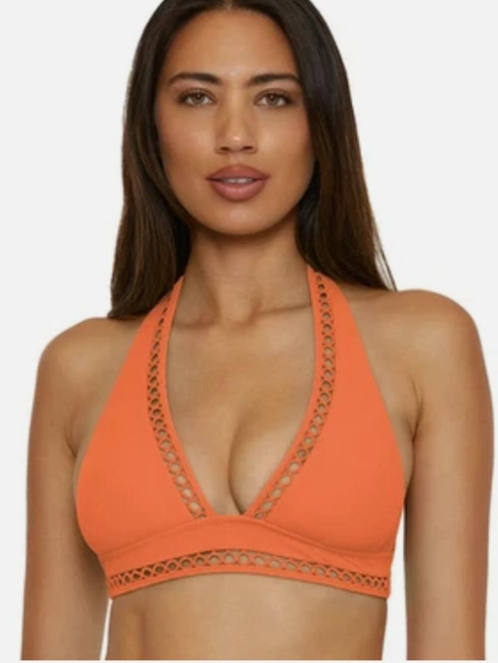 BECCA by Rebecca Virtue Modern Edge Rib-Knit Halter Bikini Top – Coral Rose – Si